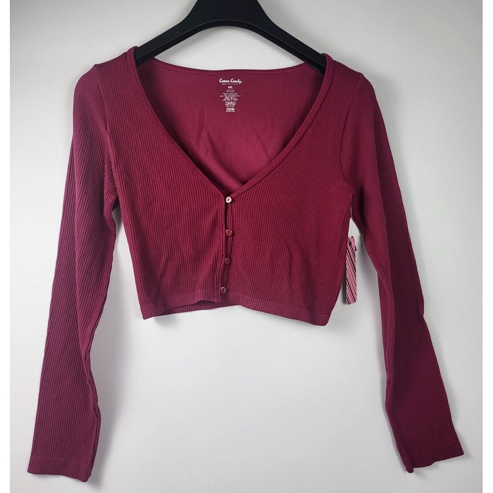 Womens Juniors Medium/Large Cotton Candy Long Sleeve‎ Cropped Ribbed Top Maroon
